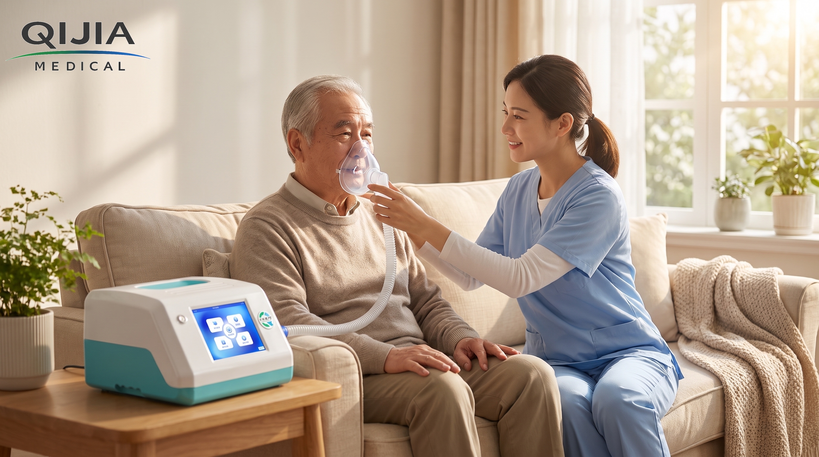 Caregiver_helping_elderly_manA_cough_assist_device