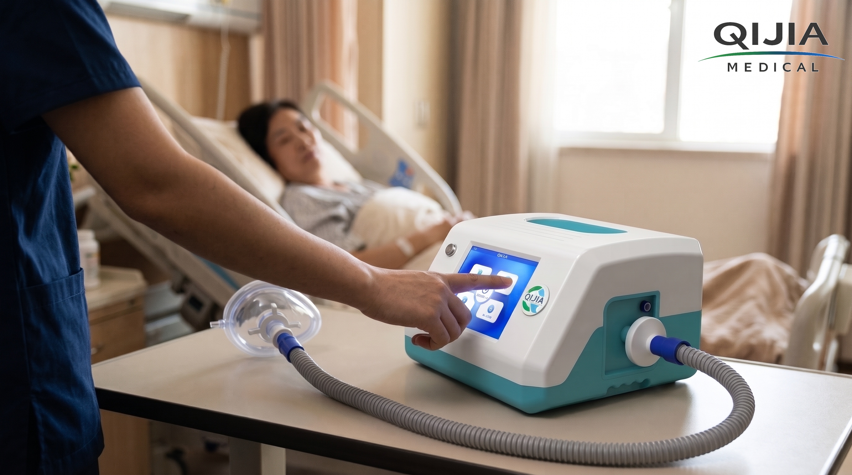 Nurse_adjusting_cough_assist_device Nurse_adjusting_cough_assist_device